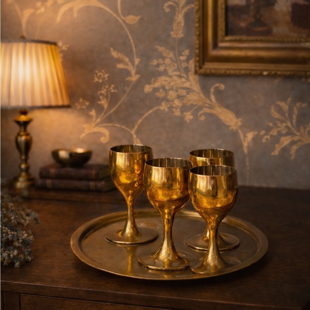 Vintage Brass Goblet Set w/ Matching Etched Tray Gold Tone Estate Barware